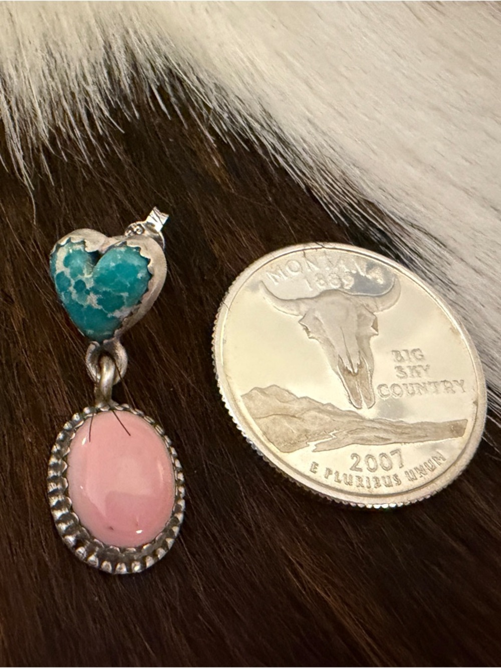❤️ Heart Shape White Water Turquoise & Queen Pink Conch Sterling Dangle Earrings - Picture 10 of 14